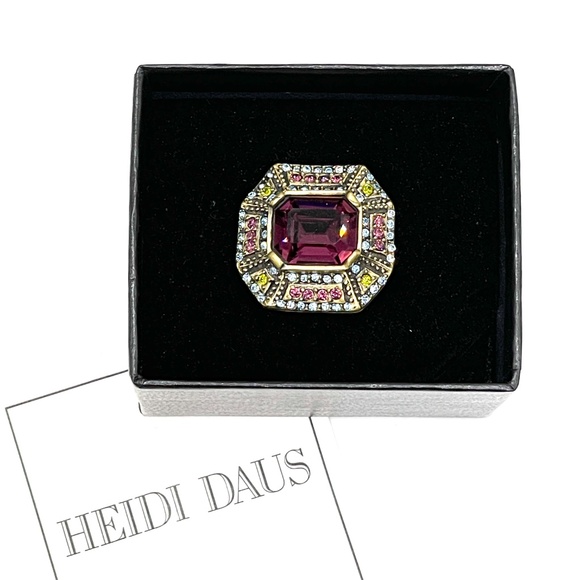 HEIDI DAUS Purple Amethyst Multi Color Swarovski Cocktail Ring in Box 6 1/2 - Picture 1 of 12